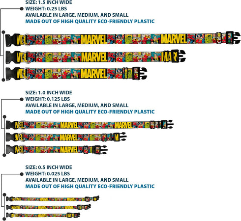 Dog Collar Plastic Clip Marvel Retro Comic Panels, Black Yellow, 6 to 9" Wide