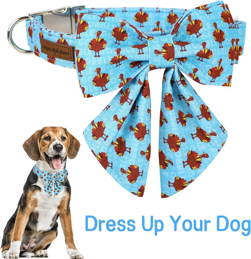 Unique Style Paws Thanksgiving Dog Collar with Bow Tie, Blue Turkey, for Small Medium Large Dogs, Autumn Winter Gifts -