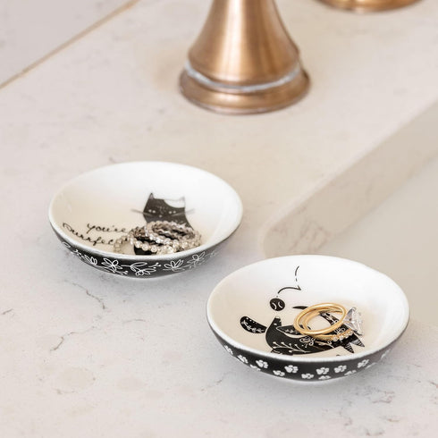 Karma Boho Ring Bowl, Black and White Decorative Ceramic Trinket Tray, Jewelry Dish for Rings