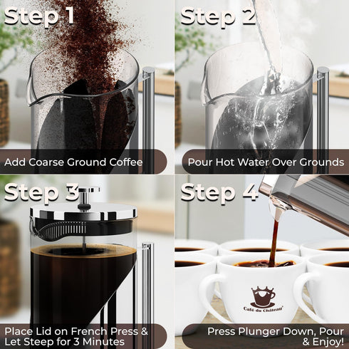 34 oz 4-Level Cafe Du Chateau Stainless Steel French Press Coffee Maker - Easy to Use Insulated Coffee Press