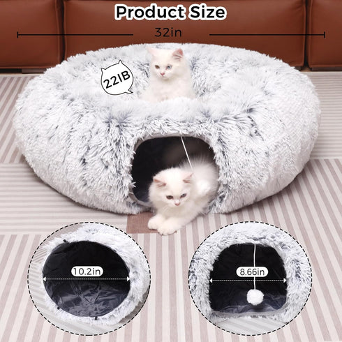 Plush Cat Tunnel with Cat Bed for Indoor Cats, Multifunctional Donut Tunnel for Small Medium Large Cats, Kittens,