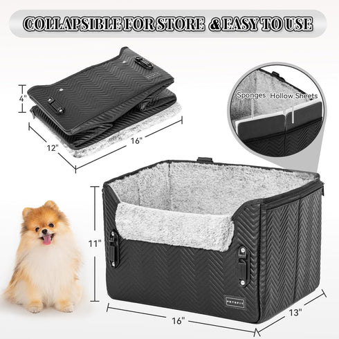 25 lbs PETSFIT Small Dog Car Seat, Waterproof PU Leather Dog Carseat with Patent Safe Buckles, Clip-On Leash, Car Seat