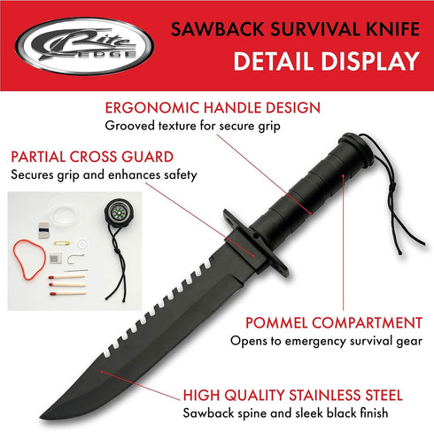 SZCO Supplies 14” Black Steel Handle Sawback Knife - Outdoor Activity/Survival Knife with Leather Sheath, 203442-BK