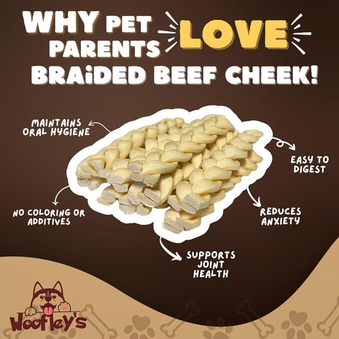Woofley's 6" (20 Count)- Buffalo Beef Cheek Braids Regular - Beef Cheek Dog Chews - No Hide Bones for Dogs