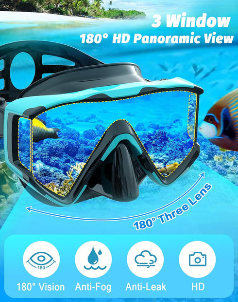 Greatever Snorkel Set Adult, Pano 3 Window Snorkel Mask, Anti-Fog Scuba Diving Mask, Dry Top Snorkel Goggles