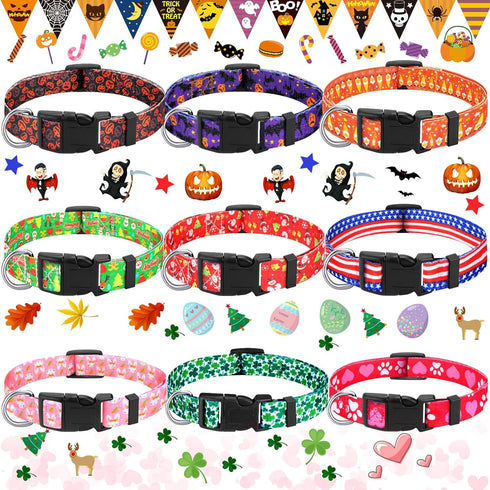 Buryeah 9 Pcs Holiday Dog Collars - Adjustable Fall Autumn Halloween Thanksgiving Christmas Collars for Large Dogs