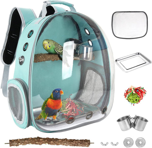 Bird Carrier Backpack Travel Cage with Perch, Clear Parrot Cockatiel Cage with Toy & Food Bowl for Small Pets