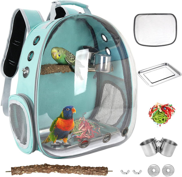 Bird Carrier Backpack Travel Cage with Perch, Clear Parrot Cockatiel Cage with Toy & Food Bowl for Small Pets