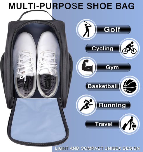 Golf Shoe Bag, Zipper Sports Shoe Strap Bag with Side Accessory Pocket for Golf Accessories (Black)