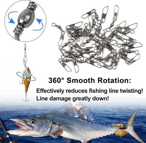 JSHANMEI Fishing Swivels Snaps - High Strength Rolling Barrel Swivels with Safety Snap for Freshwater Saltwater Tackle