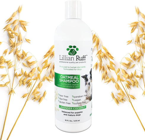 Lillian Ruff Calming Oatmeal Pet Shampoo 16oz for Dry Skin & Itch Relief, Tearless Dog Shampoo with Aloe