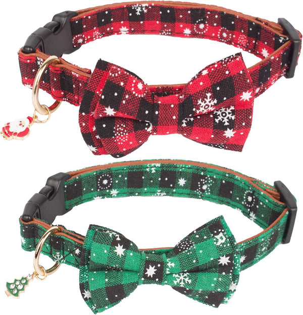 ADOGGYGO Christmas Dog Collar with Bow Tie - Adjustable Red Green Plaid Bowtie Collar for Small Medium Large Dogs