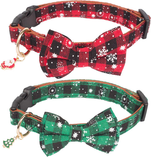 ADOGGYGO Christmas Dog Collar with Bow Tie, Adjustable Red Green Plaid Pet Christmas Collars for Medium Dogs