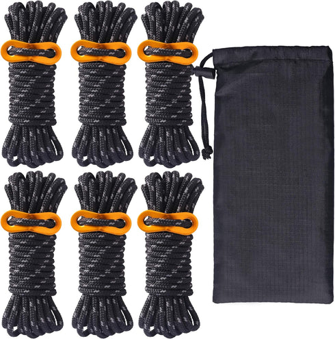 Hikeman 6 Pack 4mm Outdoor Guy Lines, Lightweight Camping Rope with Aluminum Adjuster for Tent Tarp