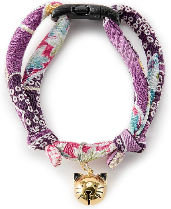 Necoichi Chirimen Hanabi Fireworks Cat Collar (Purple) with Bell, Safety Breakaway for Cats