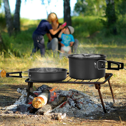 Odoland 15pcs Non-Stick Camping Cookware Mess Kit, Lightweight Pot Pan Kettle Set with Stainless Steel Cups Plates