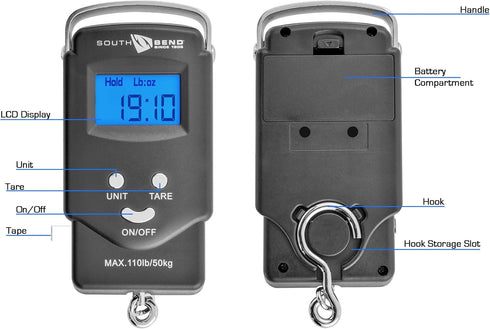 South Bend Digital Fishing Scale and Tape Measure, 110lb/50kg Weight Capacity, Backlit LCD Display (Batteries Included)