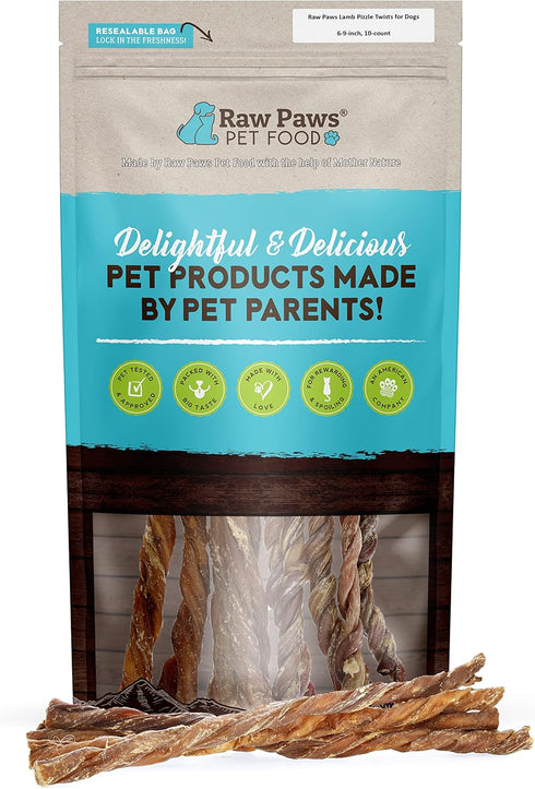 Raw Paws Lamb Pizzle Twists for Dogs - 5-9 inch, 10-ct - USA Packed Natural Lamb Pizzle Sticks