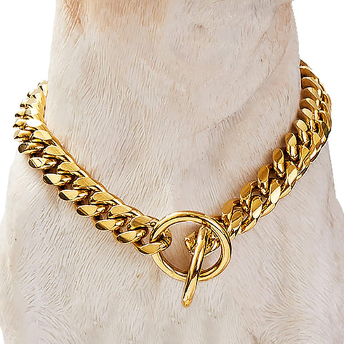 Chain Dog Collar: 18K Gold Cuban Link, Heavy Duty Slip Collar for Small Dogs (14", Fits Neck 10" to 12.5")