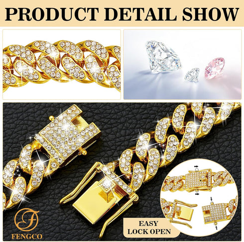 Gold Dog Chain Collar, Diamond Cuban Link 13mm Wide Necklace for Small Medium Large Dogs Cats, Metal Crystal (18 inch)
