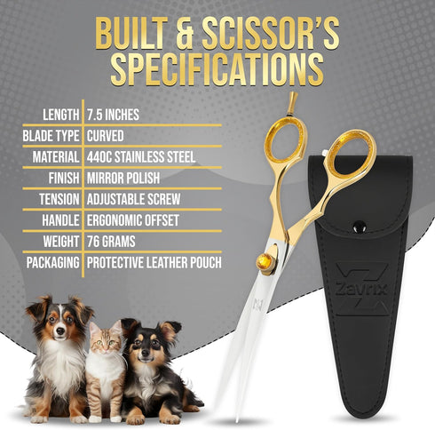 ZAVRIX 7.5 34 440C Professional Dog Grooming Scissors Curved Thinning Shears with Teeth, Pet Chunkers for Dogs & Cats