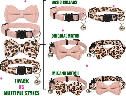 Collar for Cat Pet Breakaway with Bell, Adjustable Safety Kitten Puppy Girl Boy 2pcs Pink Leopard & Pure