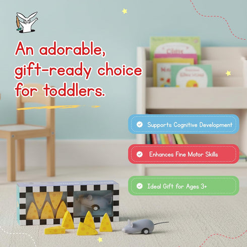 Set, 2 Jack Rabbit Creations Mouse & Cheese Wooden Bowling Toy Pull-Back Mouse Car, Bowling Pins, FSC Certified Wood