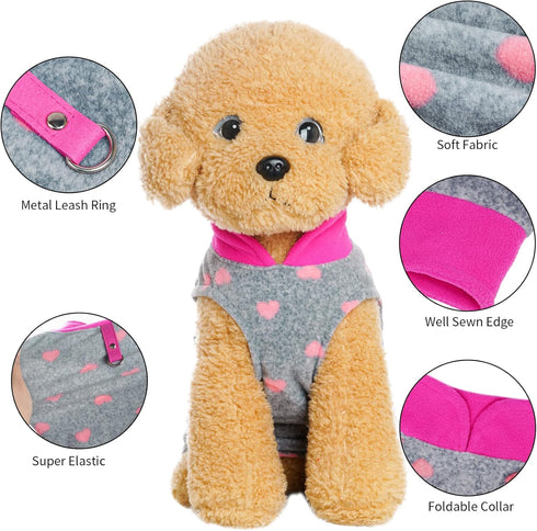 Grey Dog Heart Sweater with Leash Ring, Soft Fleece Vest for Small Dogs and Cats, Medium Size