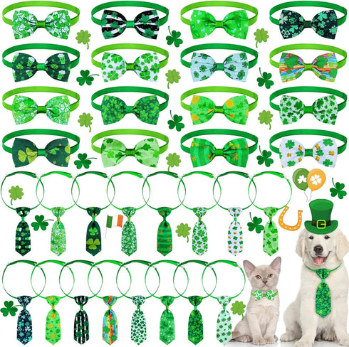 32 Pieces St. Patrick's Day Dog Bow Tie Collar, Adjustable Green Collar for Dogs and Cats, Lucky Necktie Grooming