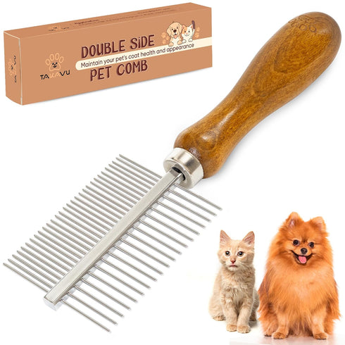 Takavu Double-Sided Detangling Pet Comb, Stainless Steel Teeth for Grooming Dogs, Cats & Other Animals