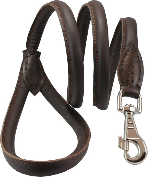 Dogs My Love 4ft Long Round Genuine Rolled Leather Dog Leash, Brown, Large: 1/2" (12mm)