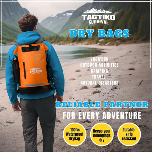 TACTIKO 30L Heavy-Duty 100% Waterproof Backpack with Carabiner, 500D Ripstop Tarpaulin for Kayaking, Hiking