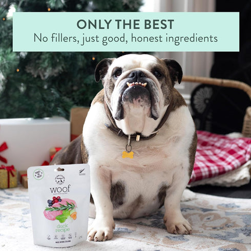 Woof Freeze Dried Dog Food, Duck Recipe, High Protein Complete Diet for All Life Stages - 1.76 oz