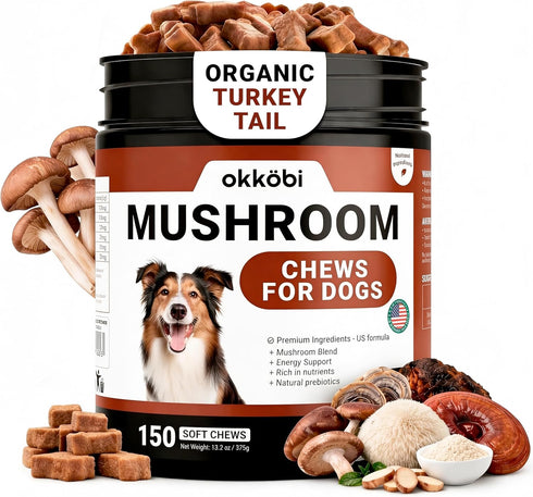 Premium Mushroom Chews for Dogs - 5-in-1 Turkey Tail, Lions Mane, Chaga,