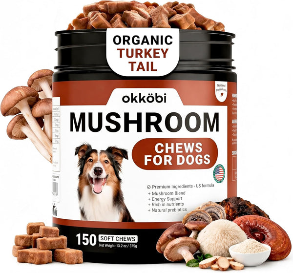 Premium Mushroom Chews for Dogs - 5-in-1 Turkey Tail, Lions Mane, Chaga,