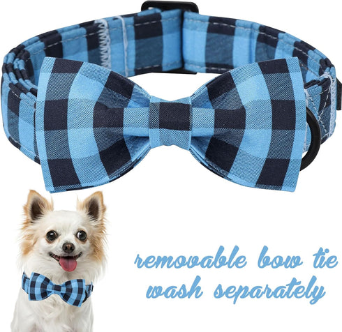 Unique Style Paws Cotton Dog Collar - Bow Puppy Collar with Black Blue Grid for Small Medium Large Dogs
