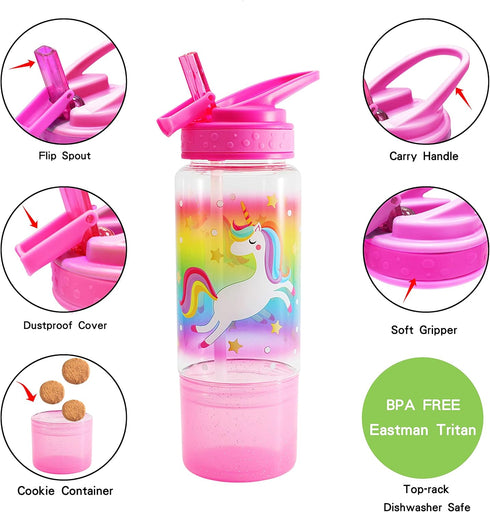 Home Tune 18oz Kids Water Drinking Sip Bottle Tritan BPA Free with Flip Straw Lid and Snack Compartment (Flamingo)