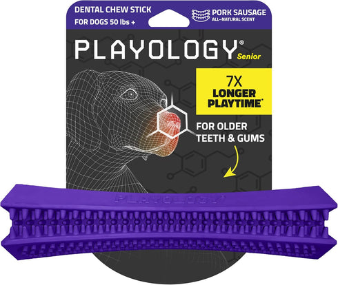 Playology Silver Dental Chew Stick for Large to X-Large Senior Dogs 50lbs & up - All-Natural Pork Sausage Scented Toy