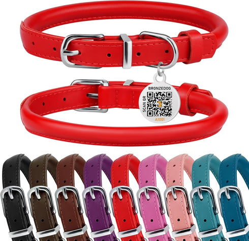 BRONZEDOG Rolled Leather Dog Collar for Small to Large Dogs with QR ID Tag, Scarlet Red (S: 12-14 Inch)