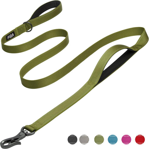 Fida 6 FT Heavy Duty Dog Leash, 2 Comfortable Padded Handles, Reflective Walking Lead, Green