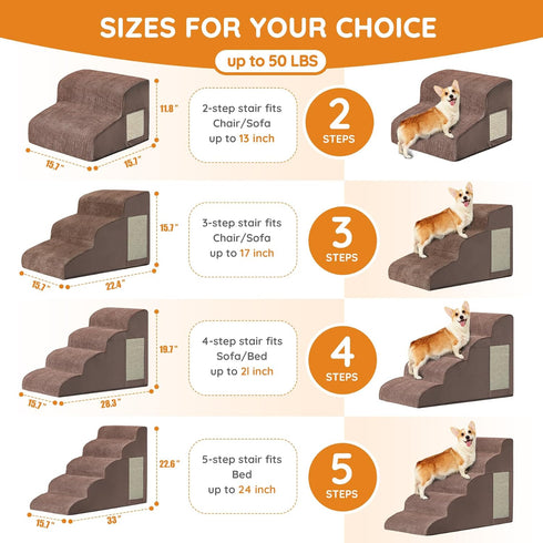 Dog Steps for Bed, 4-Step Dog Ramp for Small Dogs, Non-Slip Design, High Density Foam, Coffee