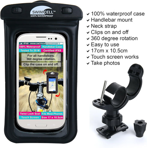 Waterproof Phone Holder Bike Handlebar Mount - Phone Case Mount for iPhone, Samsung, Android. 360 Degree Rotation. All Mobile Phones Up to 6.7 inches. IPX8. Quick Release. Neck Lanyard.