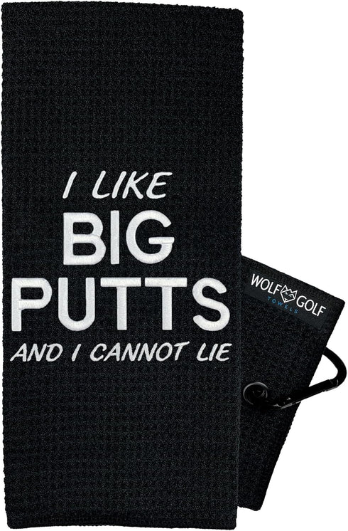 Wolf Golf Towels, Funny Golf Towel for Men or Women, Embroidered Golf Gifts with Clip, I Like Big Putts
