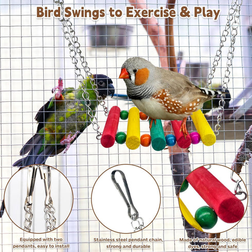PINVNBY Bird Parakeet Toys, Bird Rope Ladder Swing Hammock Toys, Natural Wood and Rope, Parakeet Cage Accessories for