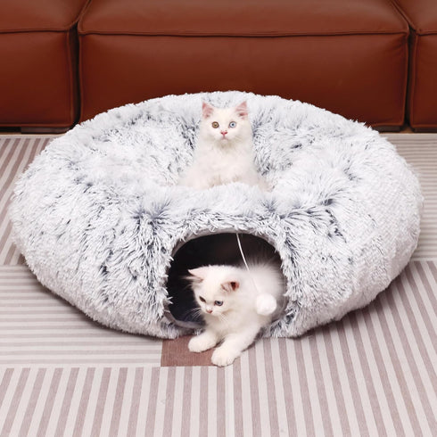 Plush Cat Tunnel with Cat Bed for Indoor Cats, Multifunctional Donut Tunnel for Small Medium Large Cats, Kittens,
