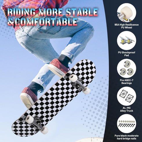 Pro Complete Skateboards 31"x8" for Beginners Girls Boys Kids Youths Teens, 7 Layers Canadian Maple