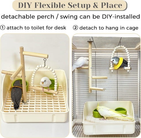 3 1 in Bird Playground Stand Tabletop with Large Tray, Wooden Bird Play Stand Large, Parrot Perch Stand with Food
