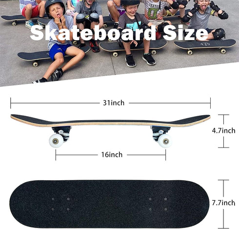 Skateboard, 31 x 8 Inch Complete Skateboard, 8-Layer Maple Wood Deck Double Kick for Kids, Teens, Adults