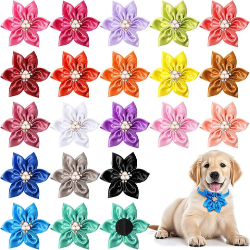 Reginary 20 Pcs Dog Collar Flowers, 3.35 Inch Multi Color Bow Ties for Puppy Dog Cat Collar Grooming Accessories