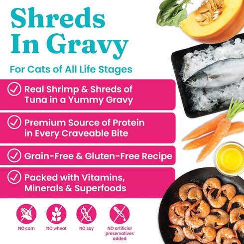 Solid Gold Wet Cat Food Shreds in Gravy, Real Tuna & Shrimp, Grain Free, 24 ct/3 oz Can